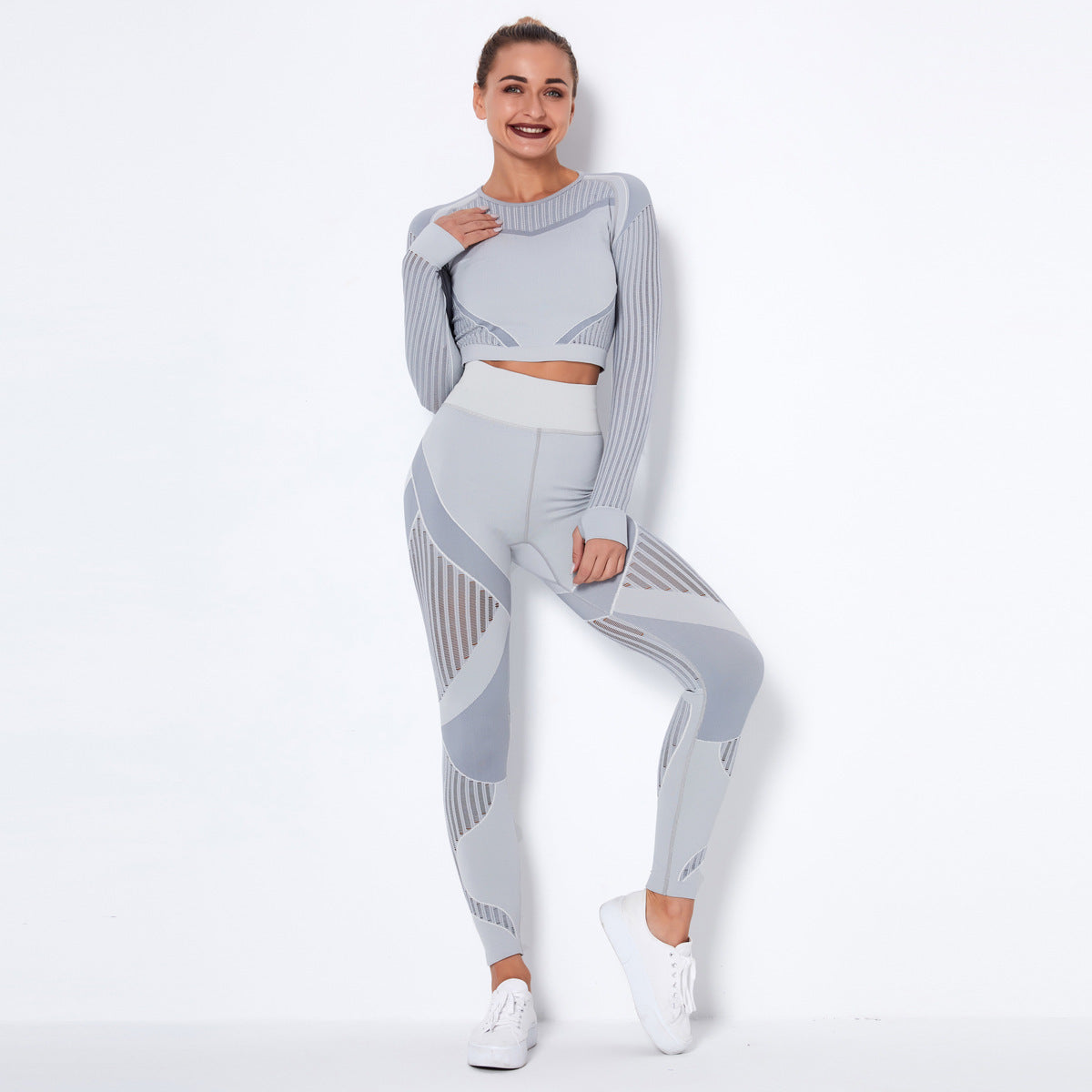 Omiinova Seamless Longsleeve Yoga Set – Damen Sport Outfit mit Leggings & Langarm-Top