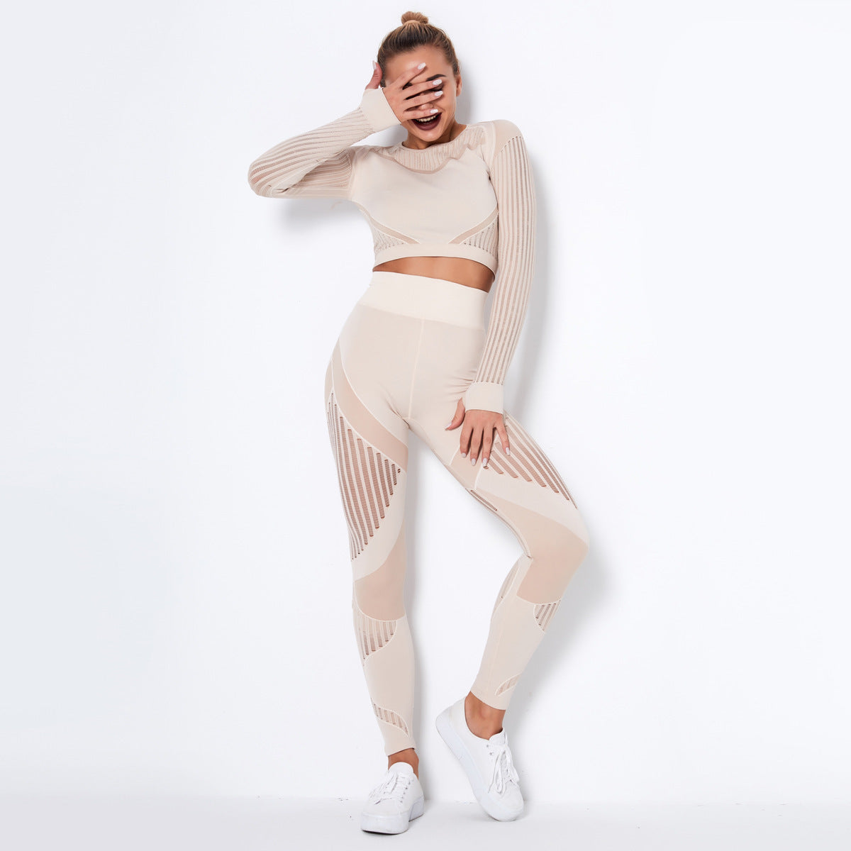 Omiinova Seamless Longsleeve Yoga Set – Damen Sport Outfit mit Leggings & Langarm-Top
