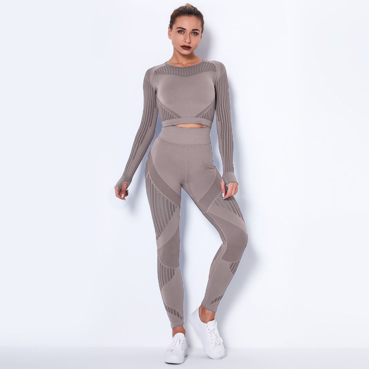 Omiinova Seamless Longsleeve Yoga Set – Damen Sport Outfit mit Leggings & Langarm-Top