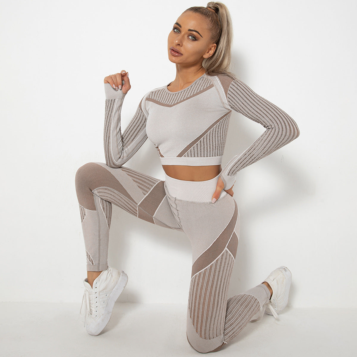 Omiinova Seamless Longsleeve Yoga Set – Damen Sport Outfit mit Leggings & Langarm-Top